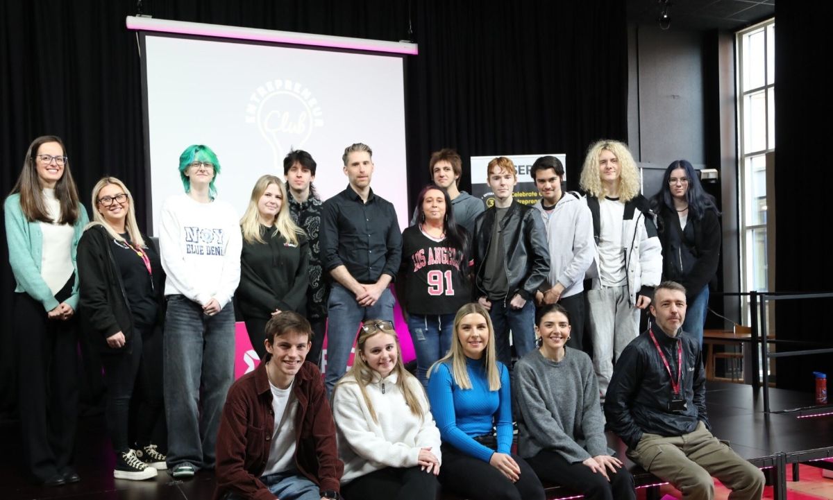 Phil Hunter with some of the student audience at his talk during Global Entrepreneurship week at SERC